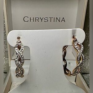 Elegant Yellow Gold and Silver Twisted Crystal Hoop Earrings